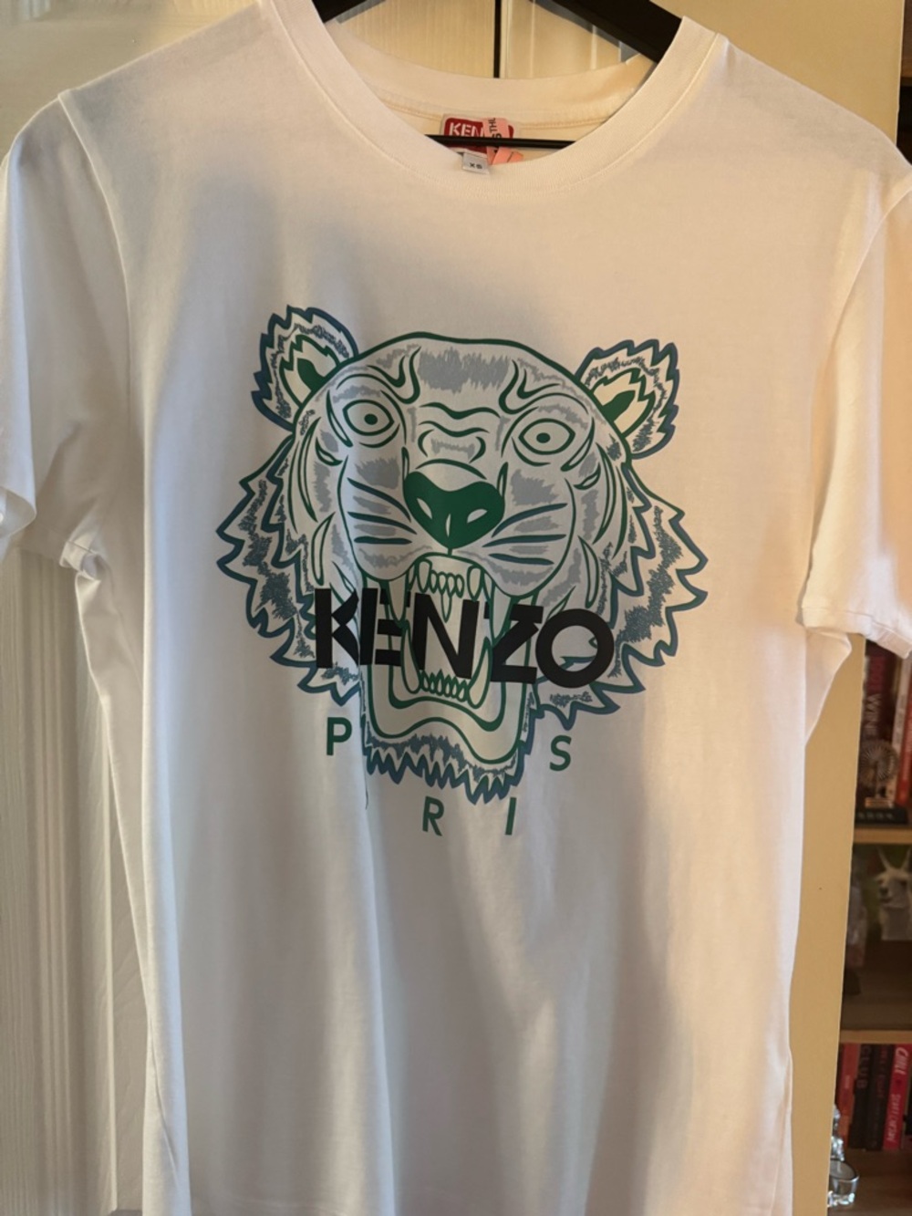 Kenzo White Tee with Green & Teal Tiger Graphic